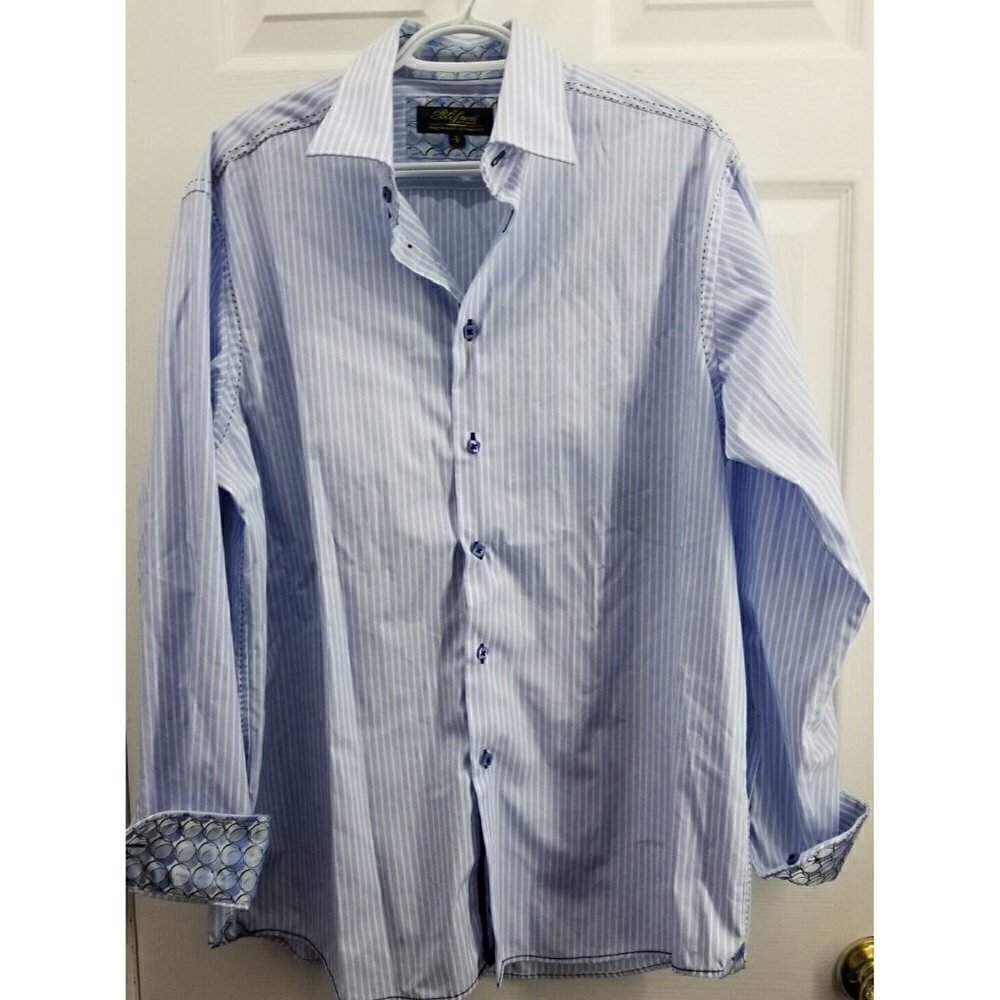 Polifroni Milano Blue White Pinstripe Flip Cuff Contrast Stitching Shirt Sz L